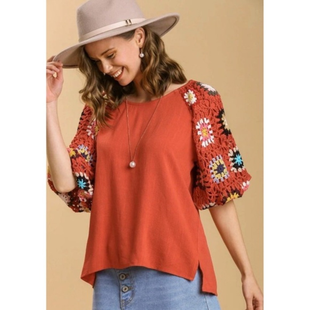 New😍 Umgee Sunset Crochet Granny Square Sleeve Boho Cottage Core Linen Blend M - Picture 2 of 9